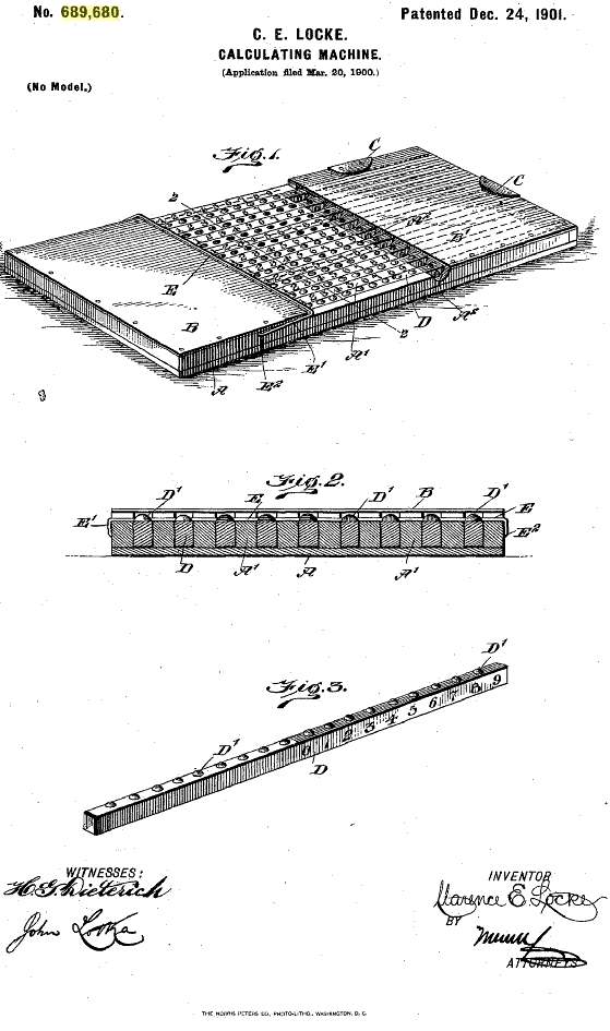 Patent Drawing for C. E. Locke Calculating Machine Locke Adder Patent 689680